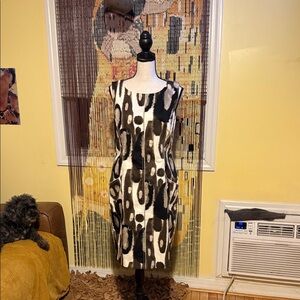 Elie Tahari Brown and Cream Abstract Midi Dress